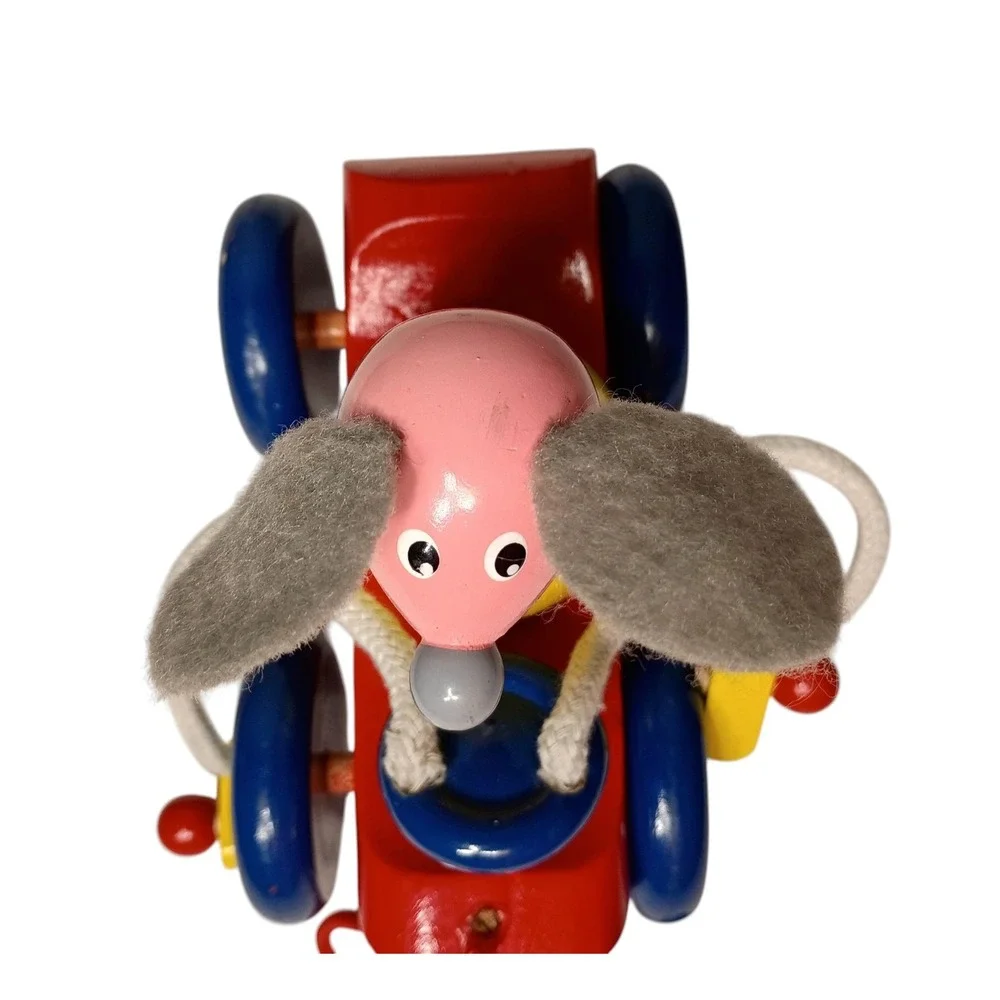 Vintage Toy Pull‎ Along Mouse Wooden Tricycle Bike Colorful Felt Ears
